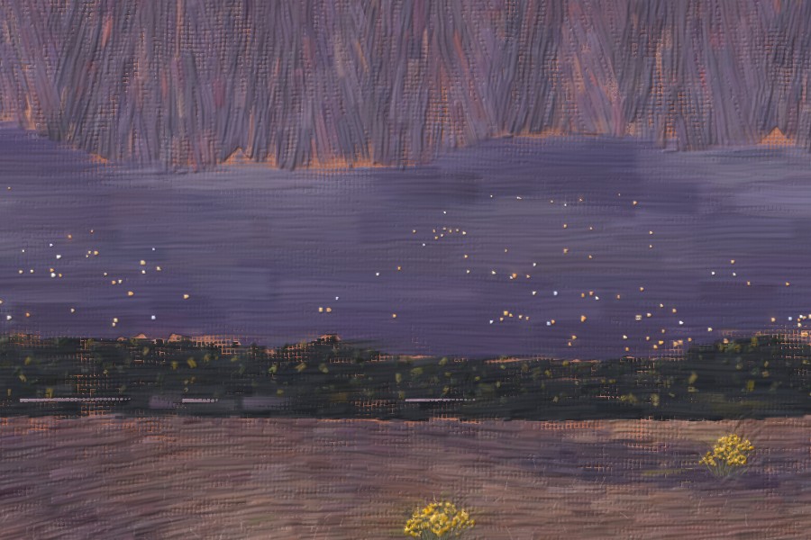 Detail: city lights coming on below the foothills, the dark bosque.