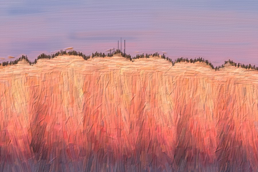Detail: the crest with broadcast towers against the pink sky.