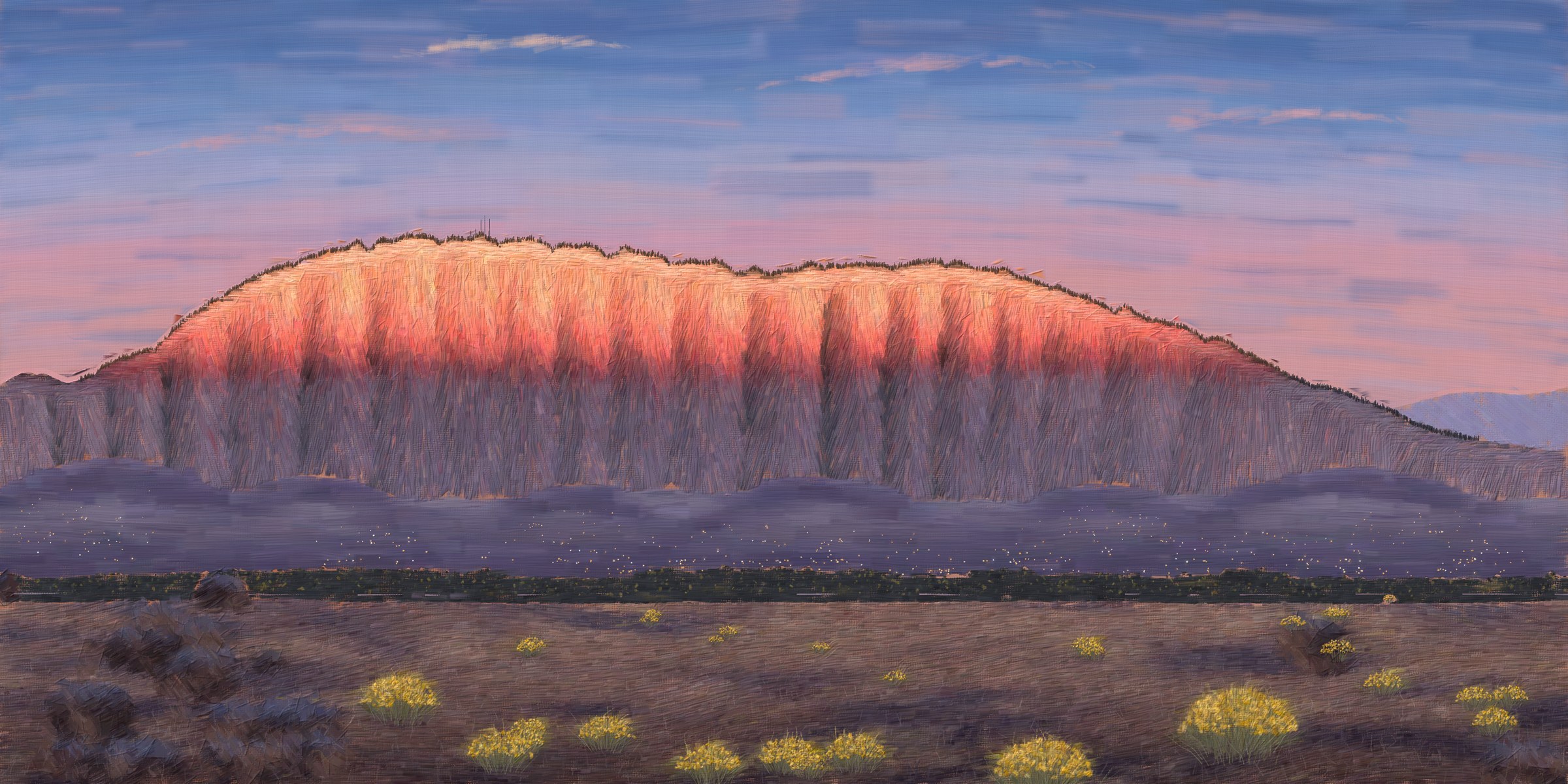 The Sandia Mountains from the west a few minutes after sunset: the upper face burns pink and orange above a soft shadow line, the lower face and the city below are violet, city lights are coming on, a dark band of cottonwoods along the river, and a dark foreground mesa with yellow chamisa in bloom.