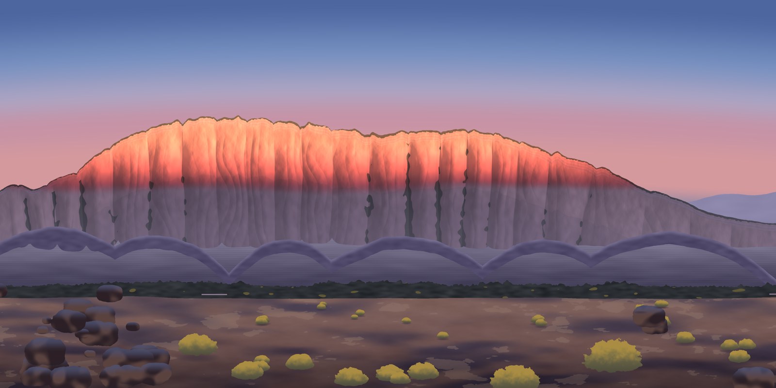 The procedural study: flat colors for sky, lit face, shadow, city, foreground.